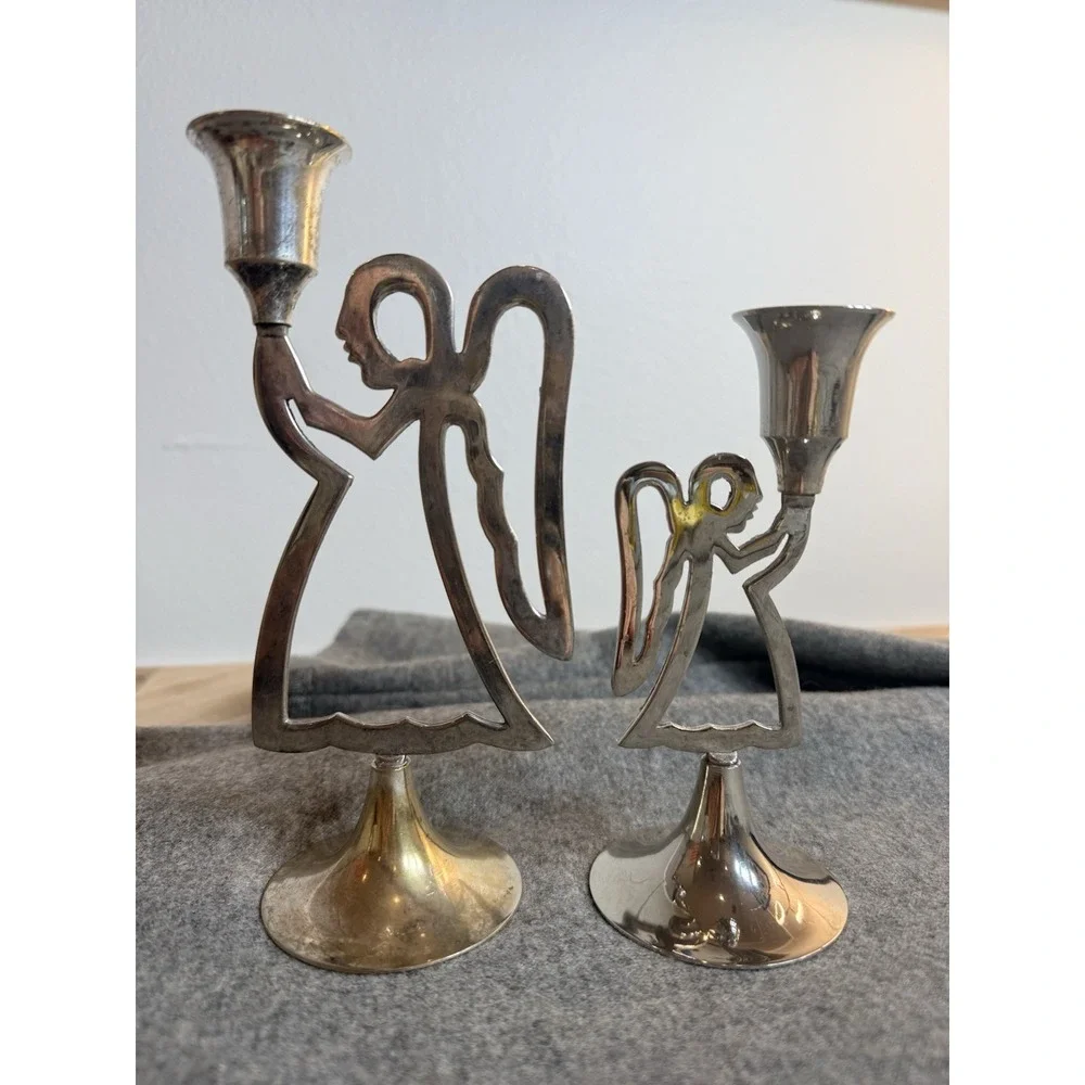 Set 2 VTG International Silver Co India Handmade Angel Candle Holders Cottagecor